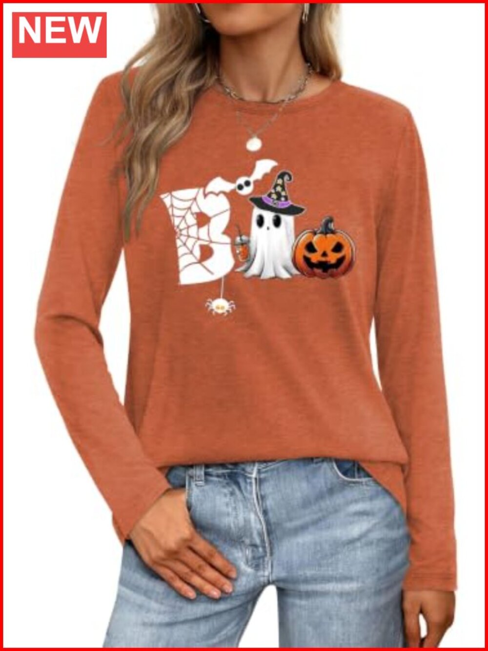 Women's Long Sleeve Halloween Ghost Pumpkin Print T-Shirt Crew Neck Fall Top